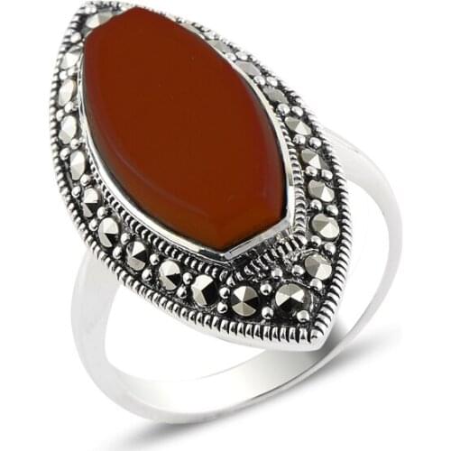Silver 925 Sterling Red Agate & Marcasite Ring