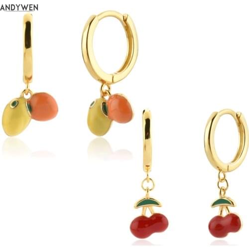 ANDYWEN 2021 925 Sterling Silver Gold Fruits Aros Naranja y Limon Drop Earring Rojo Cereza Circle Pendientes Jewelry Gift