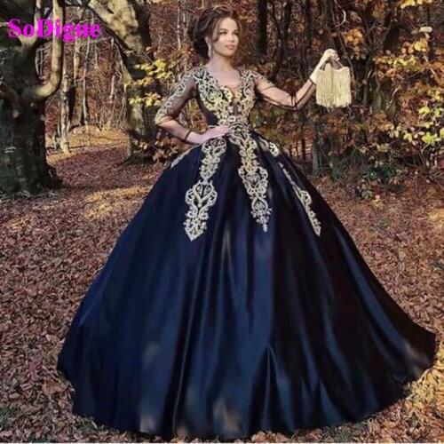 SoDigne Satin Kaftan Prom Dresses Black V Neck Long Sleeve Muslim Evening Gown Lace Women Formal Party Dress Custom Made