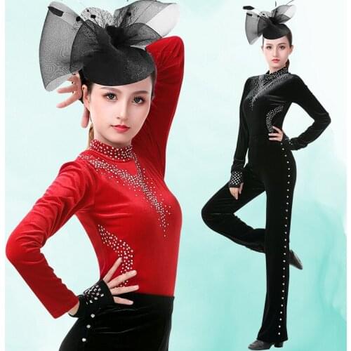 2020 New Latin Dance Tops For Women Sexy Slim Velvet Diamond Shirt Adult Samba Rumba Performance / Practice Dance Tops DWY3225