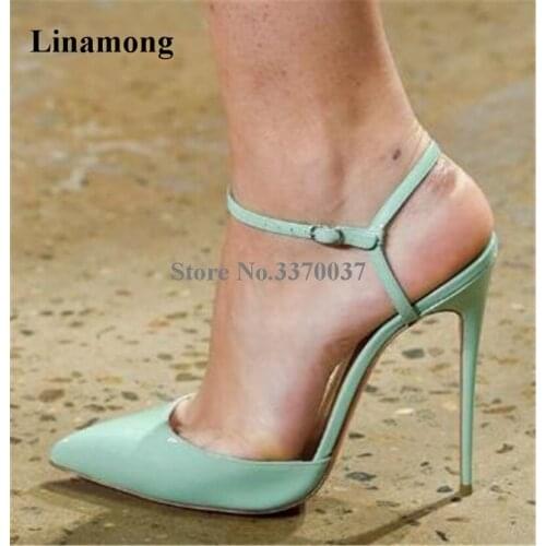 Spring New Fashion Women Pointed Toe Patent Leather Stiletto Heel Pumps Ankle Buckle Strap Pink White High Heels Club Shoes