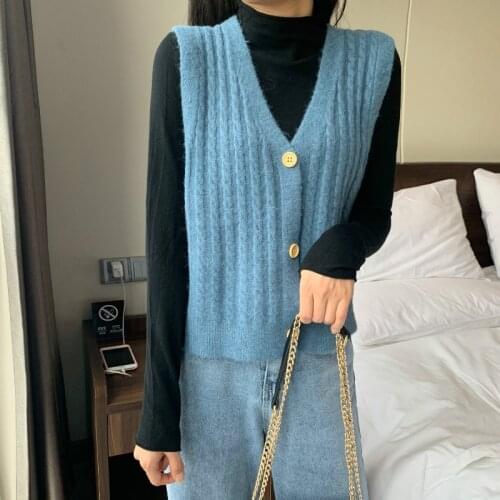 Vintage V-neck Knitted Vest Sweater Women Sleeveless Pullover Elasticity Loose Female Casual All-match Oversized Knitted Tops