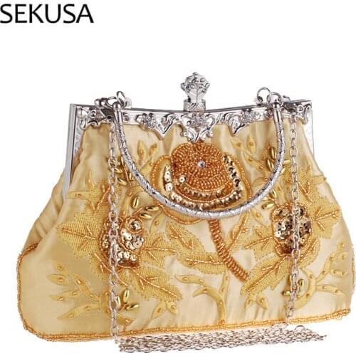 Vintage Style Flower Beading Party Handbags Satin Golden Handle Day Clutch Shoulder Chain Messenger Bucket Purse