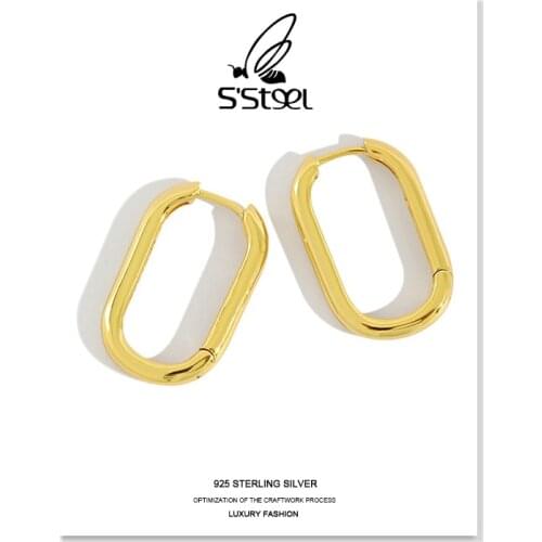 925 Sterling Silver Hoop Earrings For Women Gold Ellipse Aretes Boucle D'oreille Femme 2021 Minimalist Korean Brincos Jewelry