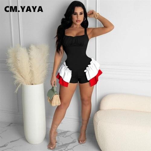 CM.YAYA Women Playsuit Sleeveless Slash Neck Ruffles Patchwork Sheath Elastic Playsuit Female Sexy Fashion Outfit Summer 2021