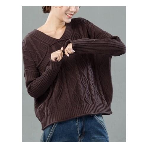 Women Autumn Retro Loose Casual Geometry Knitted Sweaters Knitwear Loose Casual Solid Color Bat Sleeve Knit Pullovers Autumn