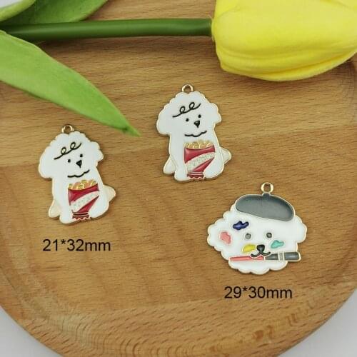 10pcs Lovely Hugging French Fries White Dog Painter Puppy Alloy Enamel Charms Pendant DIY Earring Jewelry Making Accessories