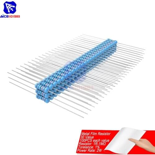 100PCS/Lot Metal Film Resistor 1% 2W 1R-1MΩ 1R 4.7R 10R 100R 220R 1K 2.2K 4.7K 6.8K 10K 22K 47K 100K 470K 1MΩ Ohm Resistance