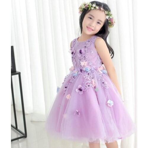 2017 New Arrival Violet Tulle Exquisite Flower Princess Girl Dress Baptism Party Wedding Birthday Gown Kids tutu Dress