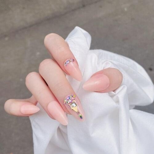 24pcs Flesh Pink Fake Nail Patch Glue Type Rhinestones Inlaid Removable Long Paragraph Fashion Manicure False Nail Patch DL