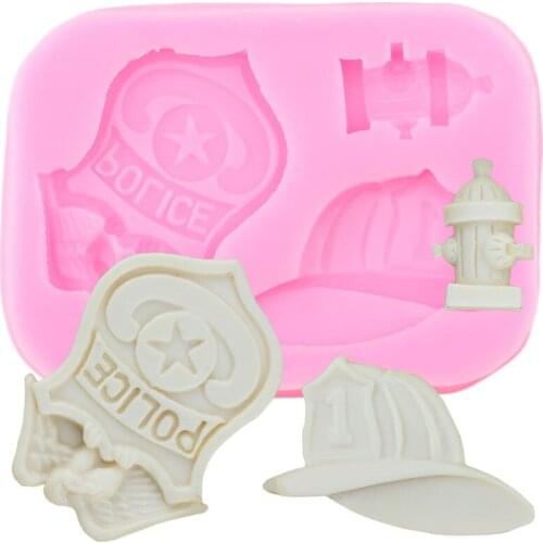 3D Fireman Police Badge Hat Silicone Molds Fire Hydrant Fondant Mould DIY Cake Decorating Tools Candy Resin Clay Chocolate Mold
