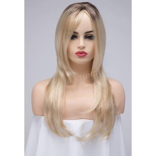 BESTUNG Long Platium Blonde Mix Brown Wavy Wig for Women Shoulder Medium Length Black Root Ombre Color Synthetic Wigs with Bangs