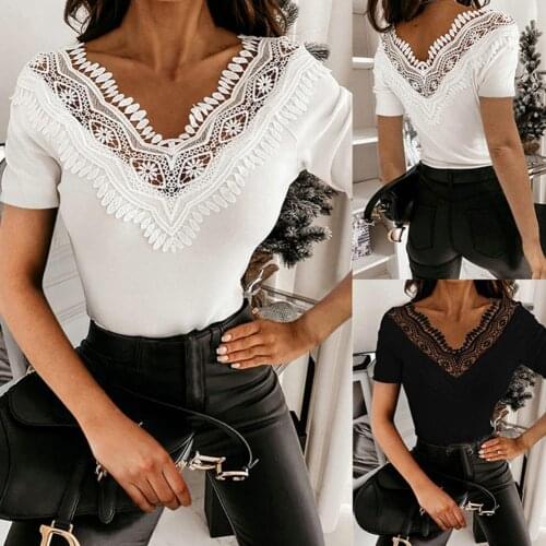 Sexy Women Summer Solid Color T-Shirts Mesh Patchwork Design Blouse Slim Lace Hollow Casual Tunic Tops Summer Club Shirts Tops