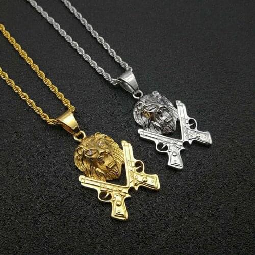 Hip Hop Iced Out Gun Lion Head Pendant & Chains For Men Gold Color Stainless Steel Animal Necklaces Male Jewelry Dropshipping