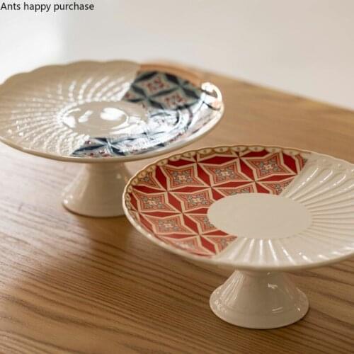 Tall Feet Ceramic Plate Dessert Plate Cake Pan Round Decorative Plates Cake Stand Snack Tray Fruit Bowl Dishes Refreshment Tray