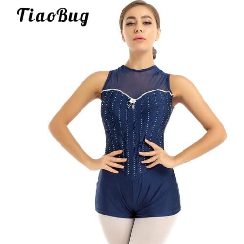 Women Adult One-piece Dancewear Round Neck Sleeveless Shiny Rhinestones Gymnastics Leotards Unitards Ballet Jazz Dance Costume
