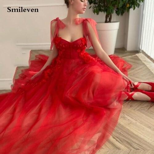 Smileven Red Sweetheart A Line Prom Dresses Ankle Length Spaghetti Straps Prom Party Gowns With 3D Flowers Evening Gowns