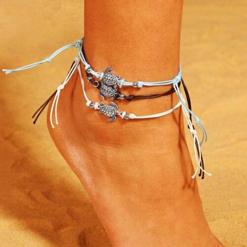 3 Pcs Summer Foot Jewelry Beach Anklets For Women Turtle Shaped Charm Rope String Ankle Bracelet Sandals On The Leg Chain Bijoux
