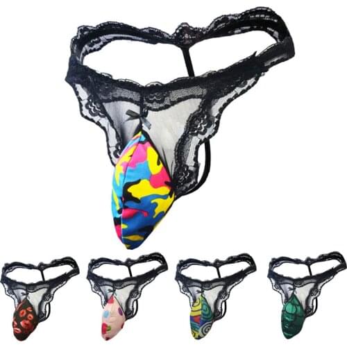 Mens sexy underwear thong transparent temptation lace penis bag thong T breathable low-waist thong T pants youth love sexy