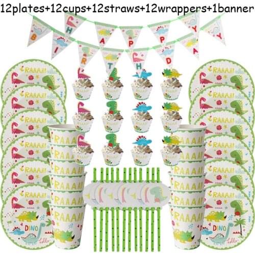 49pcs Dinosaur Theme Party Tableware Set Disposable Paper Plates Cups Straws Cake Wrapper Happy 1st Birthday Party Supplies