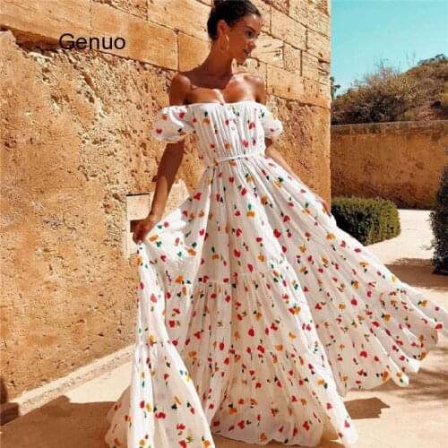 Puff Sleeve Women Floral Maxi Dresses Sexy Off Shoulder A-Line White Long Beach Boho Summer Dress Woman