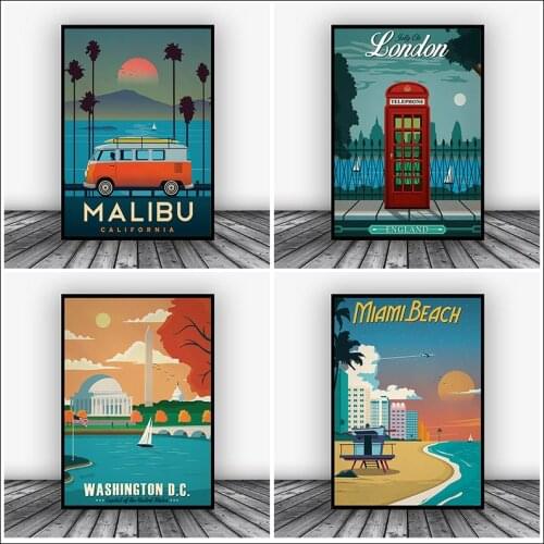 Travel Poster Hd Prints Wall Pictures Canvas Art Prints London Malibu Miami Decorative Painting City Vintage Landscape Poster
