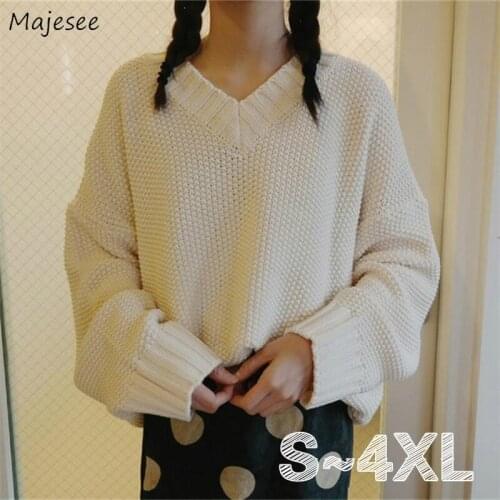 Pullovers Women Solid V-Neck Loose Casual Knitted Large Size 4XL Ins Trendy Oversized Sweaters Elegant Basic Soft Long Sleeve