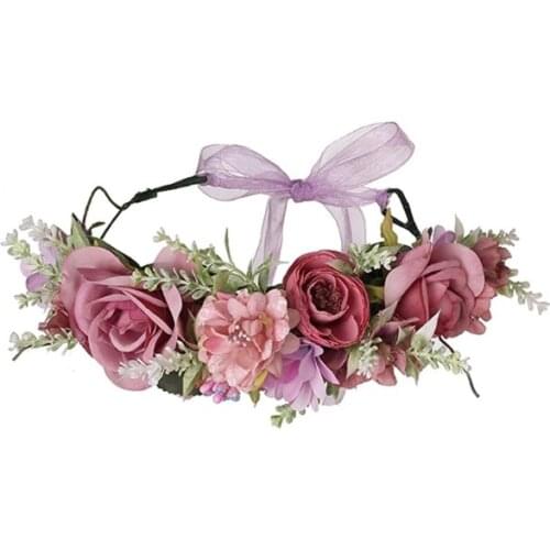 Adjustable Handmade Floral Crown Colorful Flower Hair Wreath with Ribbon Crown Adjustable Garland Wedding Photo Props