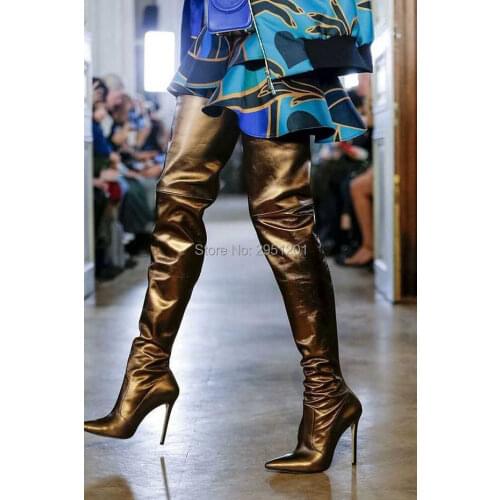 Brand Women Gold Boots Fashion High Heels Knee High Boots Faux Leather Autumn Pointed Toe Boots Winter Female Boots Shoes Green