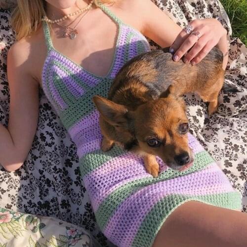 Sexy Women Knitted Bodycon Dresses Y2K Elegant Lady Chic Women Sleeveless Sleeveless Halter Bandage Dress Beach Vacation Clothes