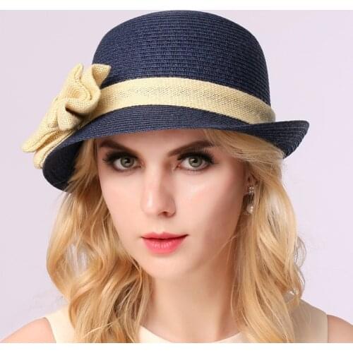 New Arrival Ladies Summer Straw Hat Foldable Sunscreen Womens Sun Hat Bow Flower Travel Sun Cap Girls Raffia Hat B-7708