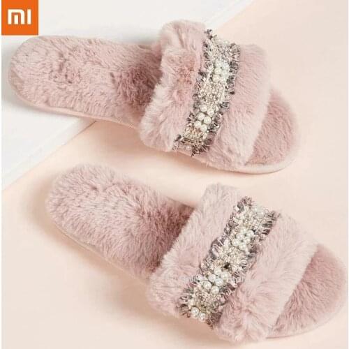 New Xiaomi Youpin Ladies Slippers Warm Fluffy Non-slip Pearl Pastoral Club Slippers Soft Furry Female Celebrities Casual Shoes