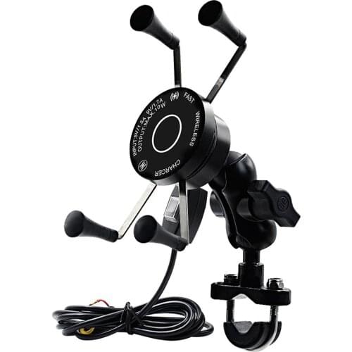 Motorcycle Aluminum Alloy Mobile Phone Holder Handlebar Rail Mount Car Waterproof QC3.0 Wireless Fast Charging with Switch