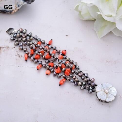 GuaiGuai Jewelry 8" 4 Rows Freshwater Potato Shape Black Pearl Red Coral Bracelet