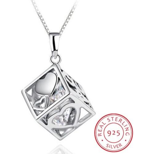 925 Sterling Sliver Love Heart Zirconia Hollow Magic Cube Pendant Necklace For Women 45cm Link Chain S-N93