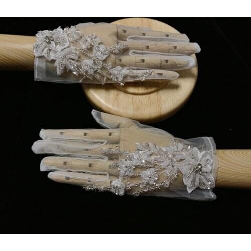 Womens elegant beaded sexy perspective mesh glove female spring summer sexy sunscreen original handmade lace glove R2832