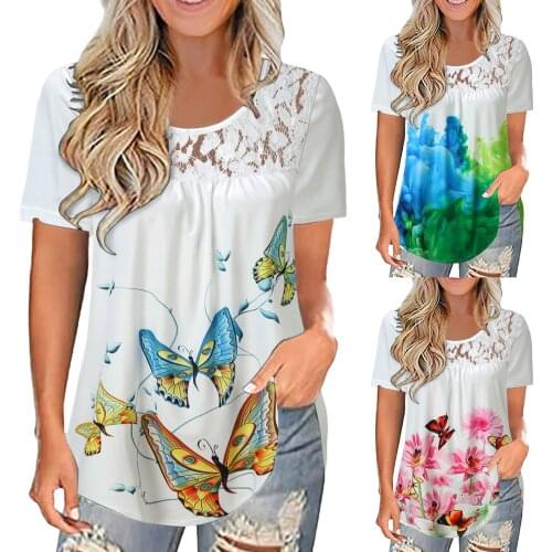 Women O-Neck Short Sleeve T-Shirt Fashion Lace Printing Splicing Blouse Tops Butterfly Flowers Print Daily All-match Girls Shirt