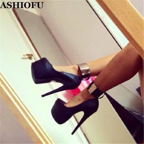 ASHIOFU Handmade Women High Heel Platform Pumps Sexy Platform Round-toe Party Dress Shoes Round-toe Large Size Fashion Shoes