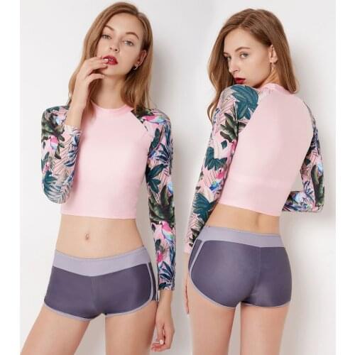 Womens Long Sleeve Rashguard Swimsuit Crop Top Floral Print Tankini Swim Shirt with Middle Waisted Boyshort Swimsuit Rash Guard
