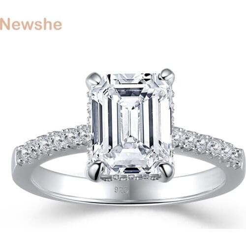 Newshe Solid 925 Sterling Silver Engagement Ring For Women 1.8Ct Emerald Cut AAA Cubic Zircon Wedding Jewelry