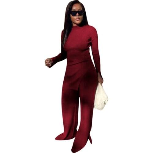 Winter Knit Ribbed Two Piece Set Sweater Crop Top + Long Pants Split Solid Color Tracksuit Streetwear Women Outfit