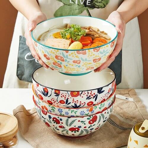 7inch Japanese Ceramic Noodle Bowl Flower Design Large Soup Bowls Restaurant Rice Bowl Kitchen Tableware