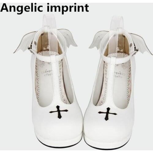 Angelic imprint woman mori girl lolita cosplay shoes lady mid heels Pumps women princess sweet dress party shoes angel wings 44