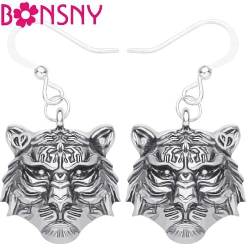 Bonsny Plated Alloy Antique Gold Tiger Head Metal Earrings Animal Drop Dangle Jewelry For Women Girl Kids Fashion Birthday Gift