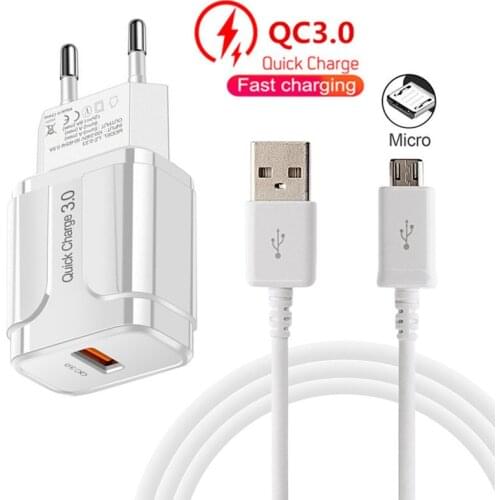 Quick Charge 3.0 USB Charger For Samsung Galaxy A10 A7 S7 S6 A6 J7 Xiaomi Huawei Honor Phone Wall Fast Charger Micro usb Cable
