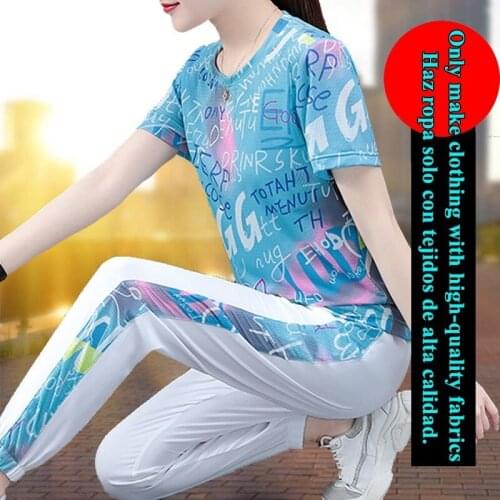 Women summer Sport wear suit Fashion Hiking Dance Quick dry Ice silk thin Elastic Short sleeve T shirt pants set Casual clothing