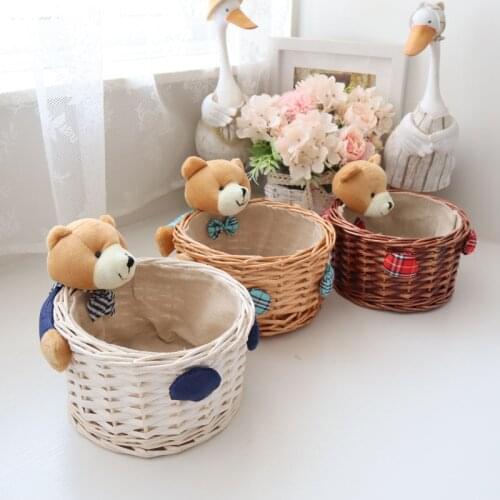 Creative Cute Bear Rattan Basket Desktop Sundries Clothing Toys Storage Organizer Key Box Basket Home Decorative Wicker Baskets
