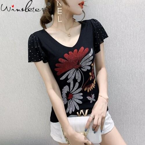 Summer European Clothes Mesh T-Shirt Fashion Sexy V-Neck Shiny Diamonds Women Tops Short Sleeve Ruffles Tees New 2021 T13505A