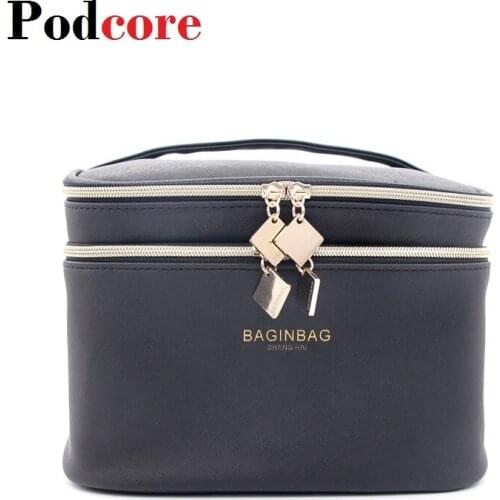 Fashion Black Cosmetic Bag Double Layer Make up Bags Cosmetiquera Bolso; Not Including Cosmetic; Size: 21*15.5*15cm