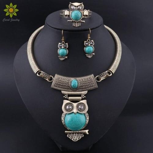 Fashion Jewelry Owl Shape tibetan silver 5 color Stone Pendant Necklace Drop Earrings Bracelet Jewelry Sets For Women